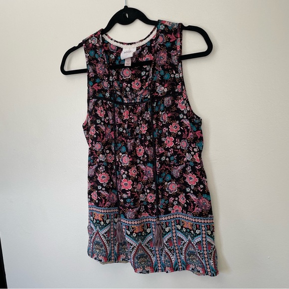 Knox Rose | Black and Pink Floral Pleated Tank | Size Small - Picture 3 of 11